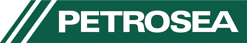 Logo of PETROSEA, stylized flame icon in orange and blue